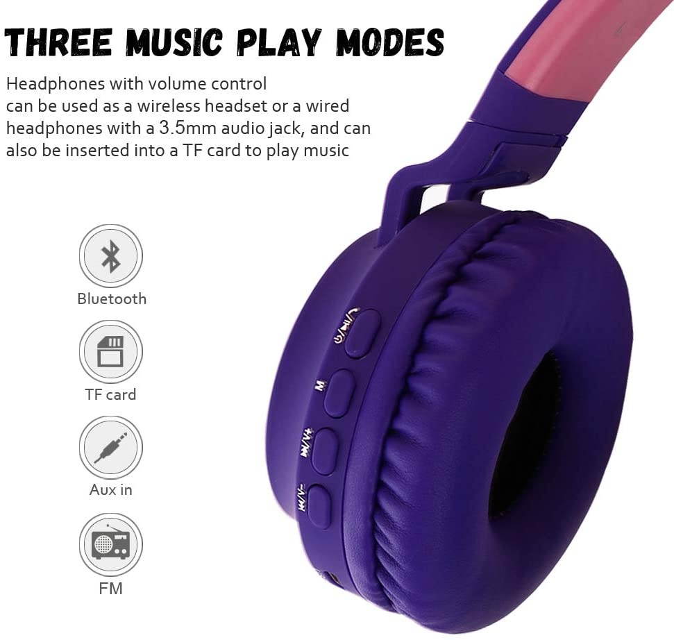 Kids Bluetooth 5.0 Cat Ear Headphones Foldable On-Ear Stereo Wireless Headset with Mic LED Light and Volume Control Support FM Radio/TF Card/Aux in Compatible with Smartphones PC Tablet (Purple)