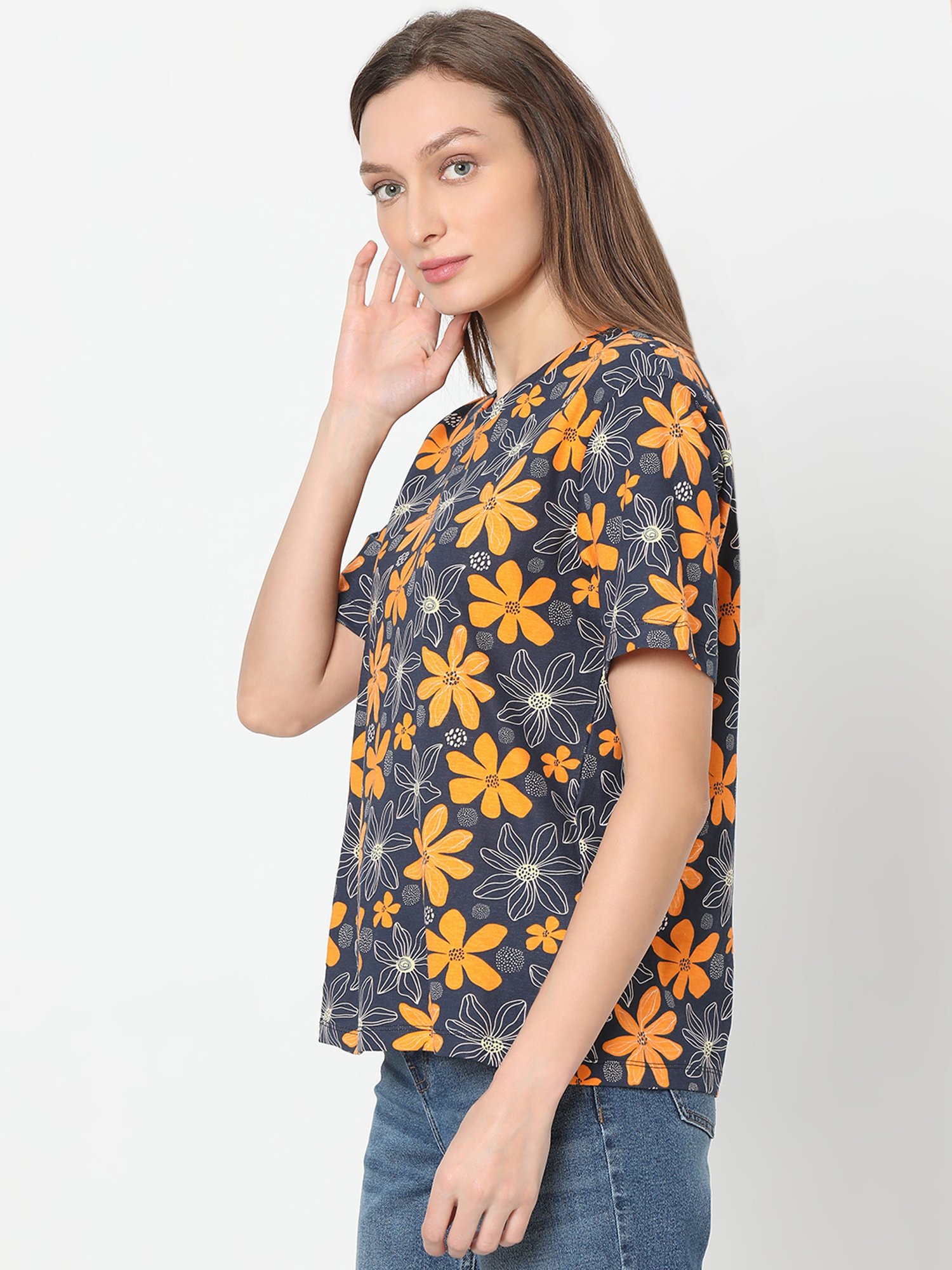Vero Moda Blue & Yellow Cotton Floral Print T-Shirt