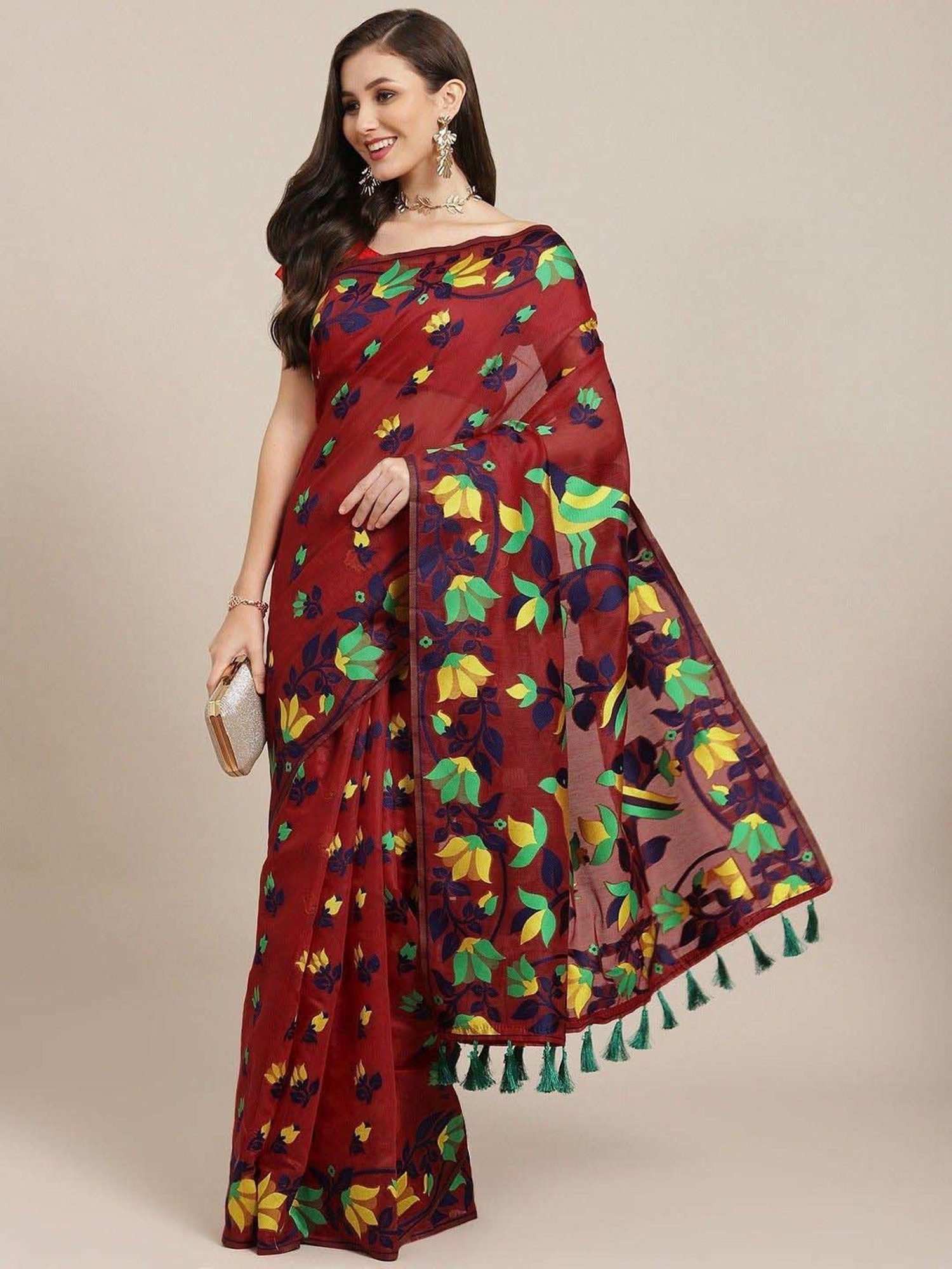 Silk Land Maroon Woven Saree With Unstitched Blouse