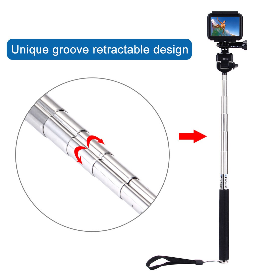 PULUZ Extendable Handheld Selfie Monopod for GoPro NEW HERO /HERO7 /6 /5 /5 Session /4 Session /4 /3+ /3 /2 /1, DJI Osmo Action, Xiaoyi and Other Action Cameras, Length: 22.5-100cm