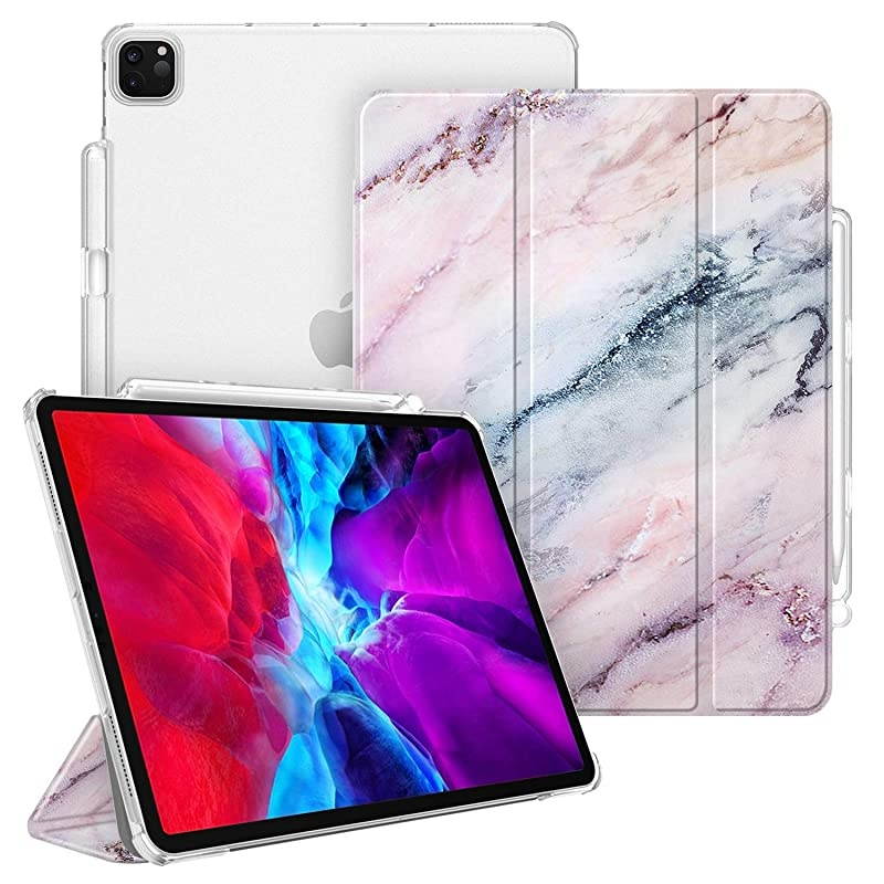 SlimShell Case for iPad Pro 129quot 4th amp 3rd Generation 20202018 with Pencil Holder Lightweight Cover Translucent Frosted Stand Hard Back Auto WakeSleep Marble Pink