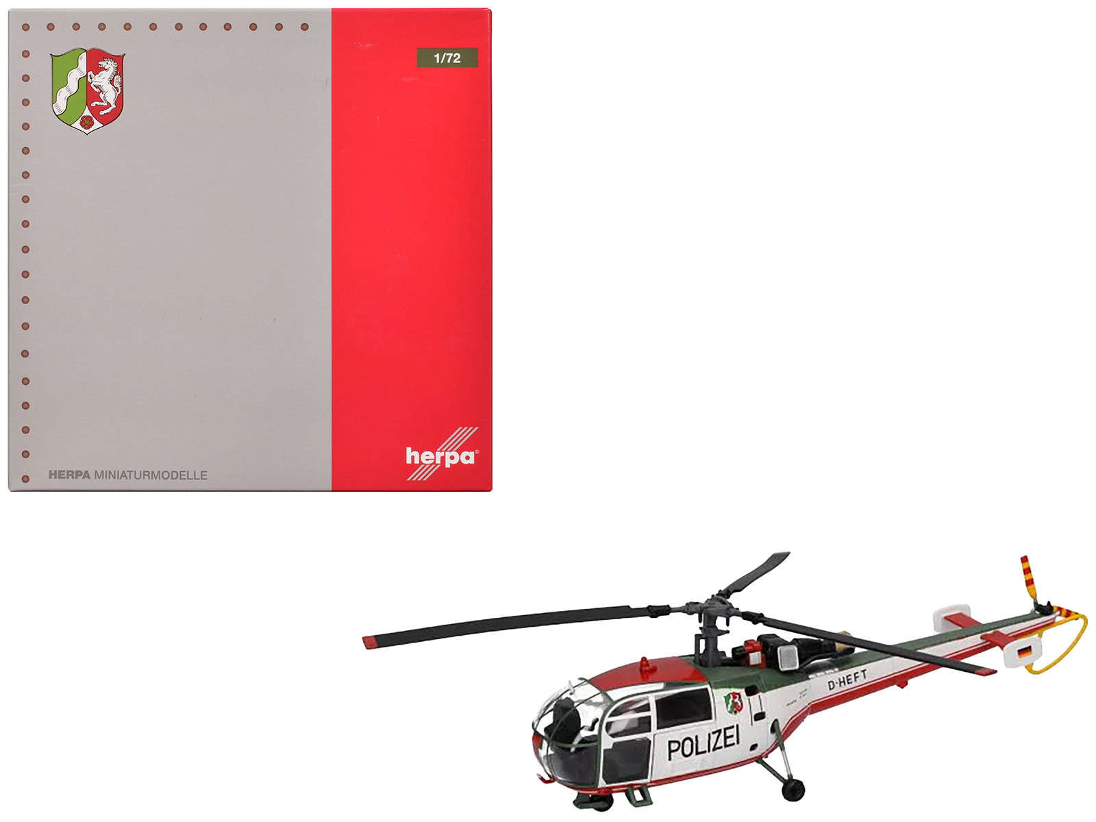 Aerospatiale Alouette III Helicopter "Polizeifliegerstaffel Nordrhein-Westfalen (Police Aviation Squadron North Rhine-Westphalia)" (D-HEFT) White with Red and Green Stripes 1/72 Diecast Model by Herpa