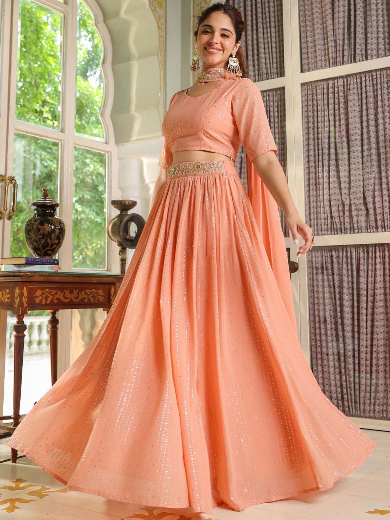 Janasya Peach Embellished Lehenga Choli Set With Dupatta