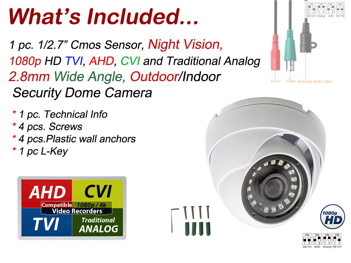Evertech Full HD 1080p Indoor Outdoor Dome Security Camera 4-in1 HD-CVI/TVI/AHD/Analog Night Vision 2.8mm Lens White Metal Housing CCTV Camera