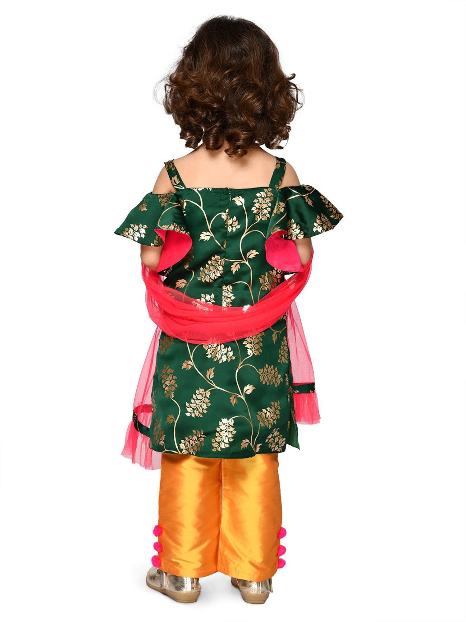 Saka Designs Kids Green & Mustard Printed Kurti with Pants & Dupatta