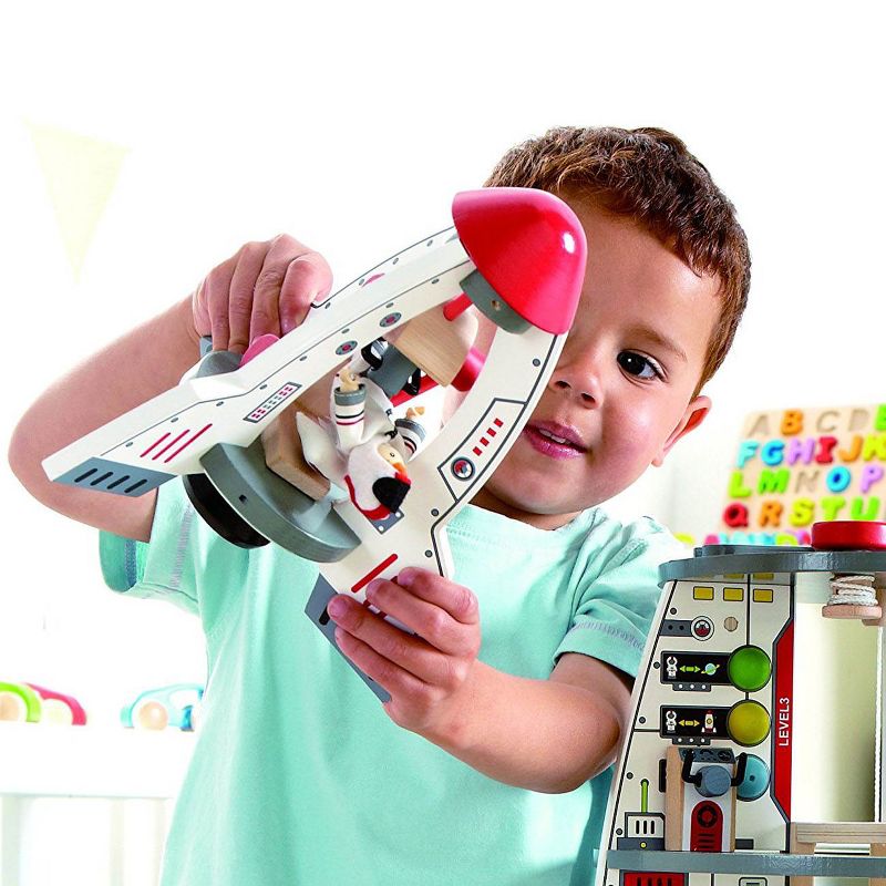 Hape Multi Level 4 Tier 37 Piece Wooden Discovery Spaceship Center Kids Activity Play Set with Accessories