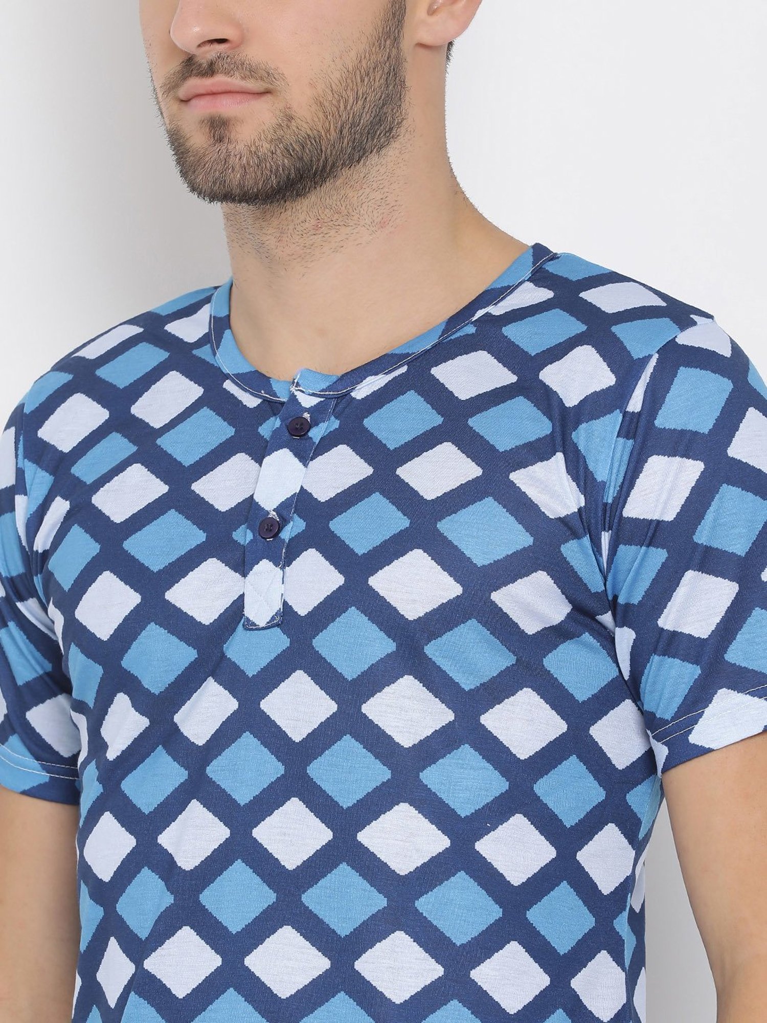 Hangup Plus White & Blue Regular Fit Printed Henley T-Shirt