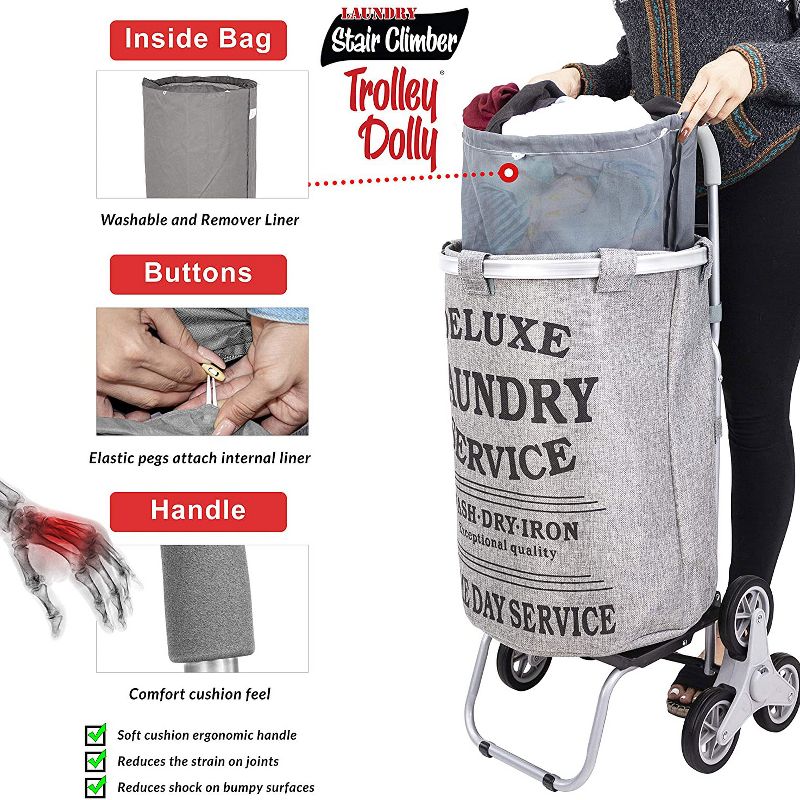 dbest products 38 Inch Stair Climber Trolley Dolly with Laundry Hamper Utility Cart with Removable Washable Liner, Grey