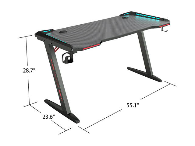 Gaming Desk, 55 Inch Gaming Table, PC Computer Workstation with LED RGB Lights, Headphone Hook and Cup Holder for Home, Black
