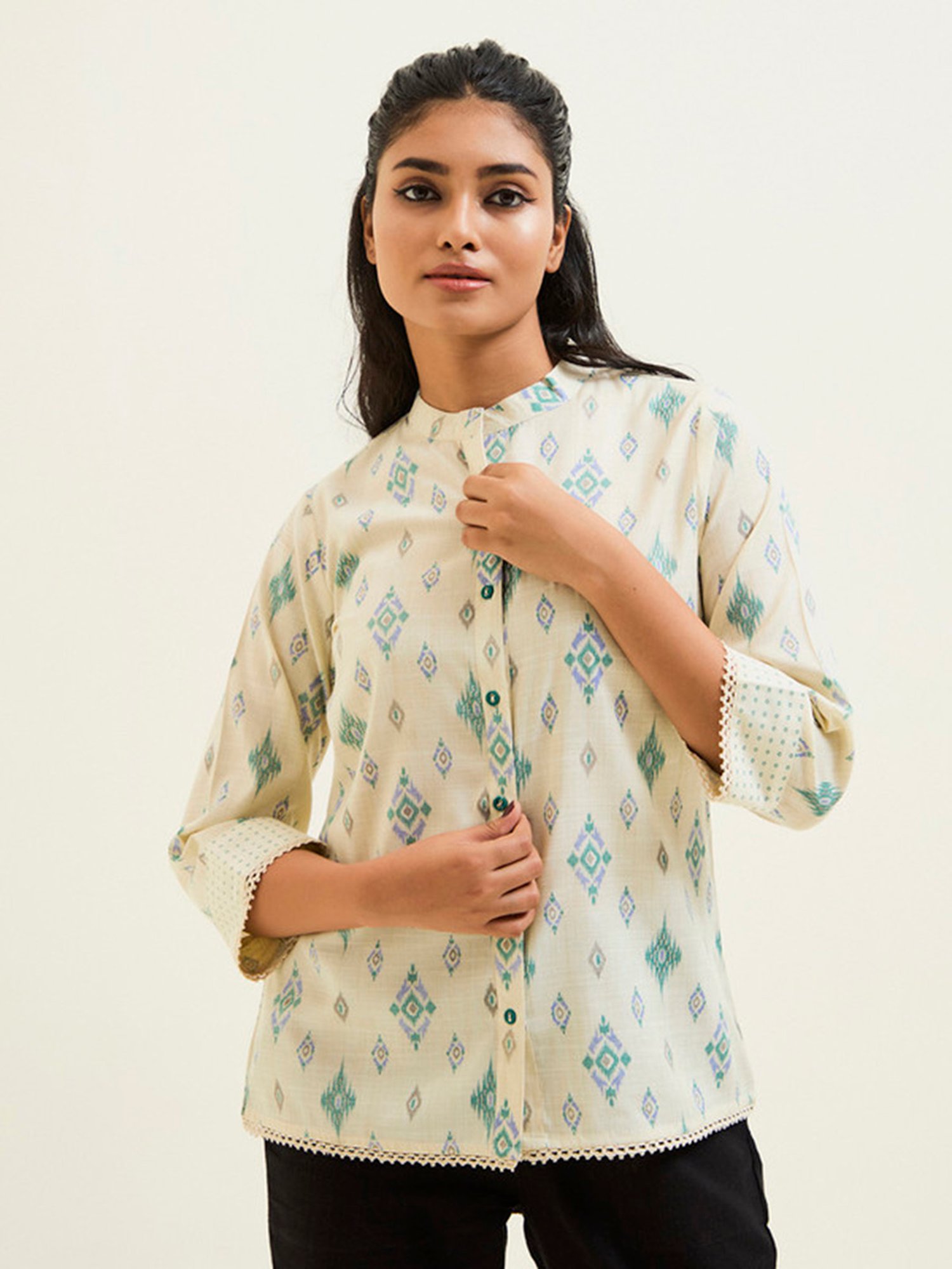 Jaipur Kurti Green & Off White Printed Top