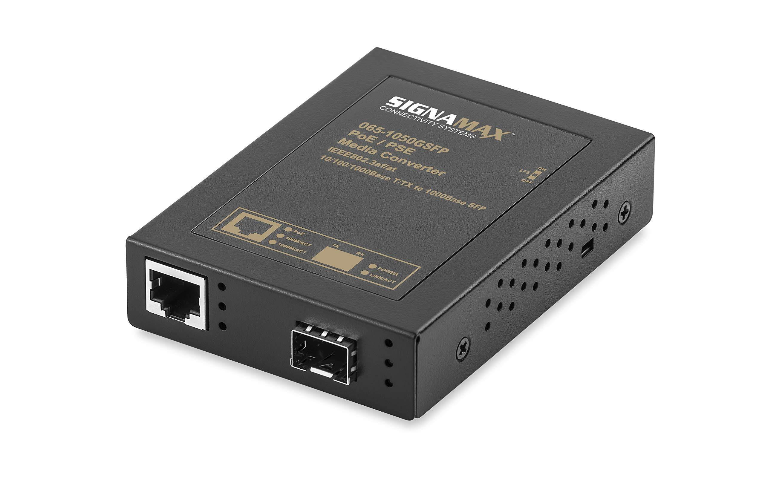 Signamax FO-065-1050GSFP 10/100/1000 to 1000Base SFP PoE+ Media Converter is AC powered