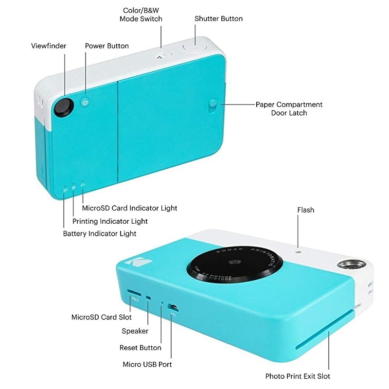 Kodak Printomatic Instant Camera Blue Gift Bundle +  Paper 20 Sheets + Deluxe Case + 7 Fun Sticker Sets + Twin Tip Markers + Photo Album + Hanging Frames starter bundle AMZRODOMATICK3BL