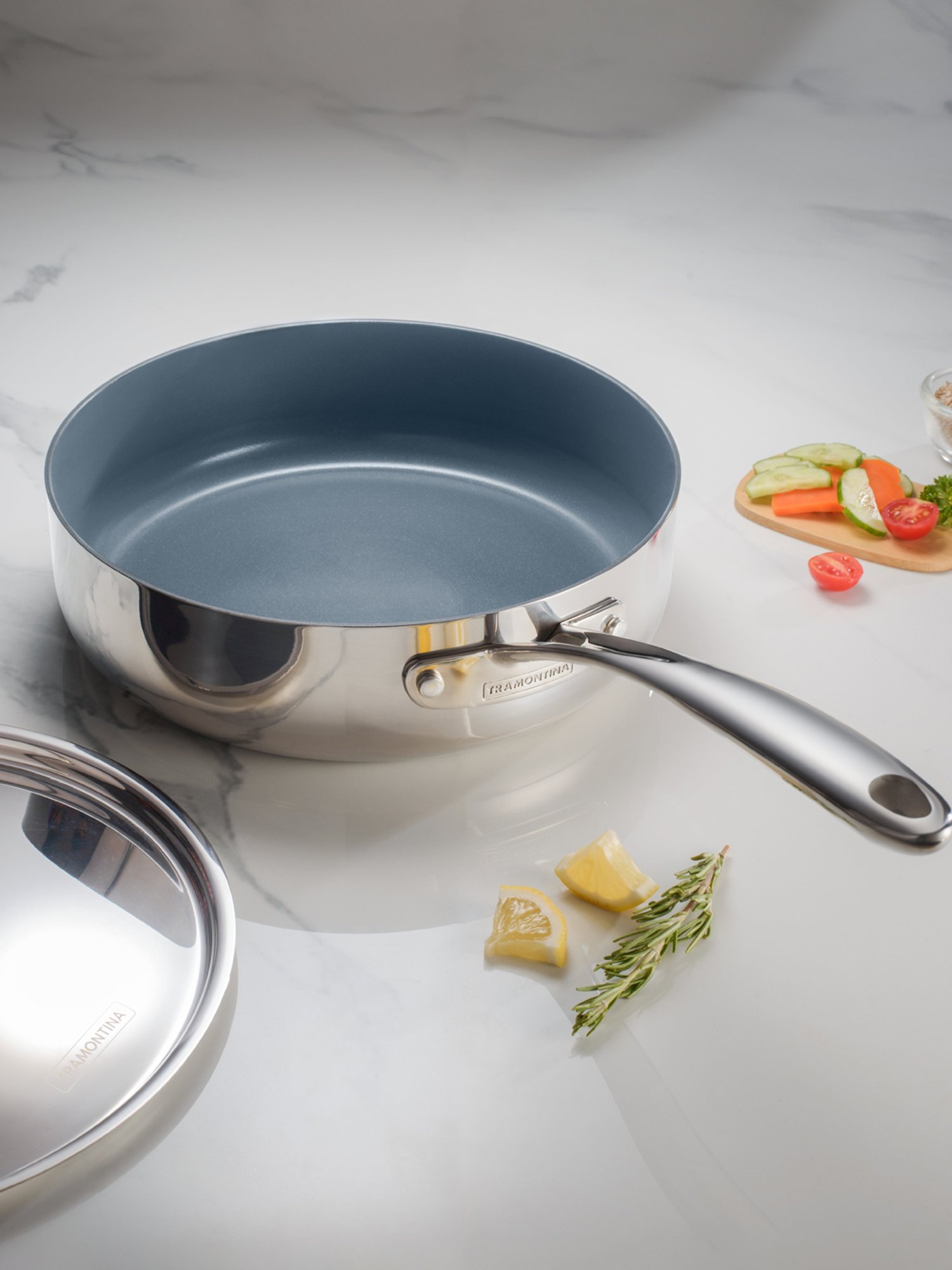 Tramontina Fusao Non-Toxic Triply Stainless Steel Ceramic Deep Saute Pan & lid 24cm/2.8L