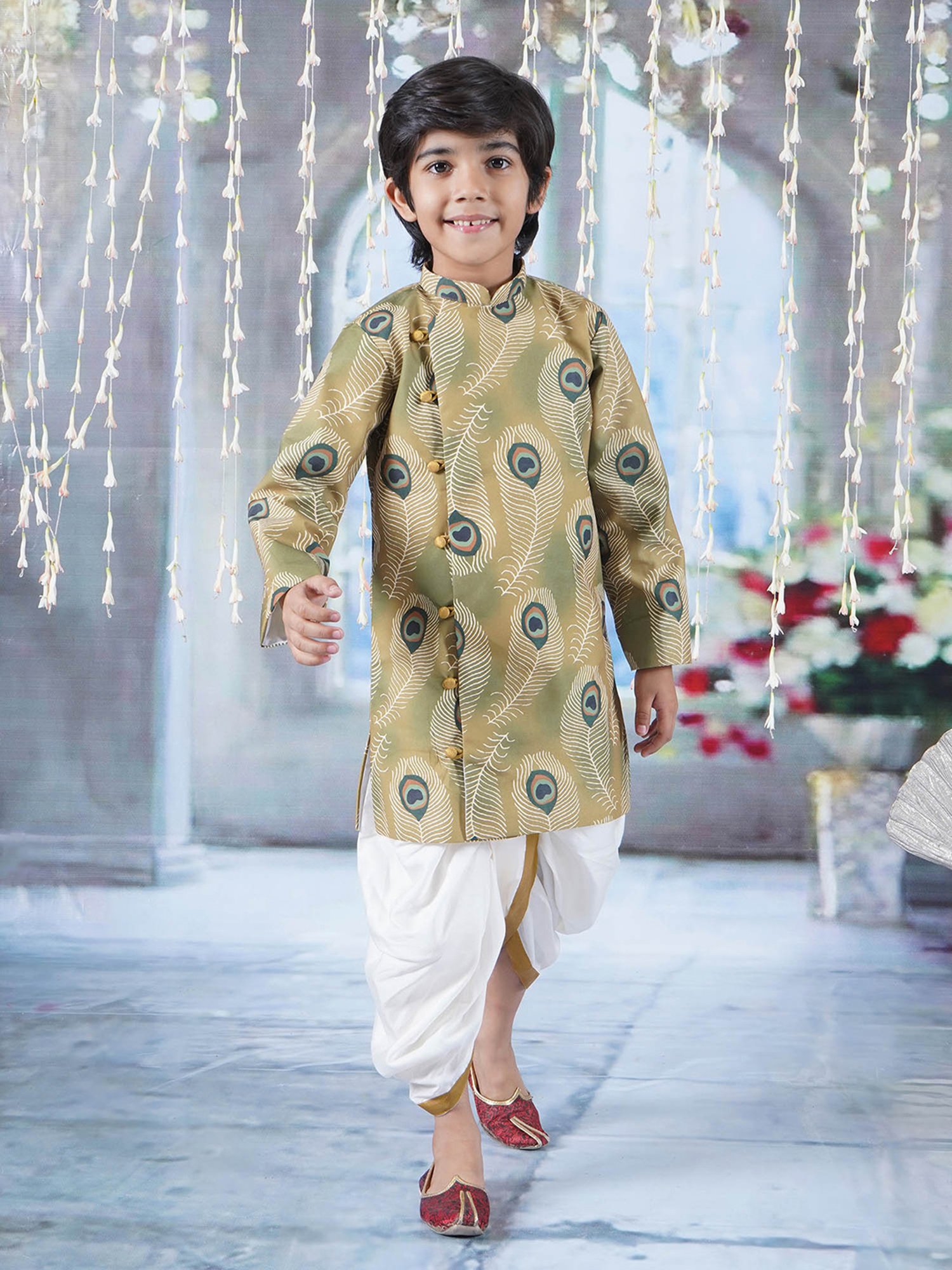 Little Bansi Kids Green & White Printed Kurta with Dhoti