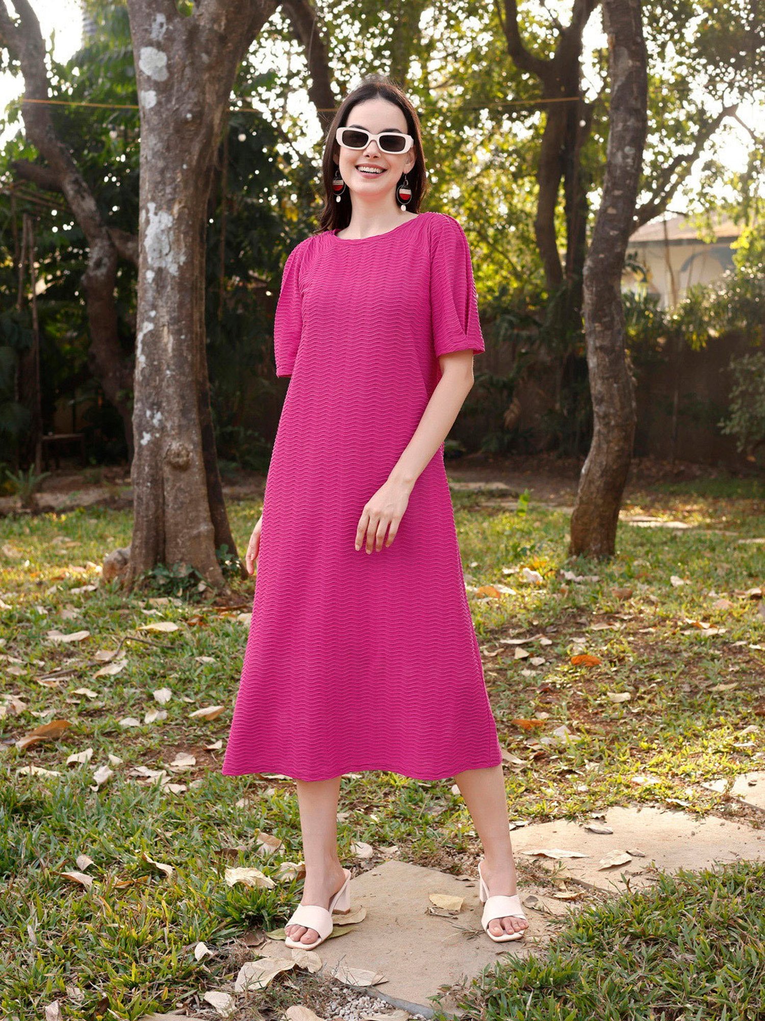 PURVAJA Pink Knitted Relaxed Fit Midi Dress
