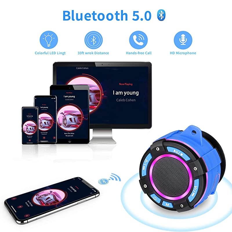 Shower Speaker FM Radio  IPX7 Wireless Waterproof Bluetooth Speaker with Super Bass HD Sound 7 Colorful Light Show Suction Cup for Bathroom Beach Pool Bike Outdoor Home 2020 Upgrade