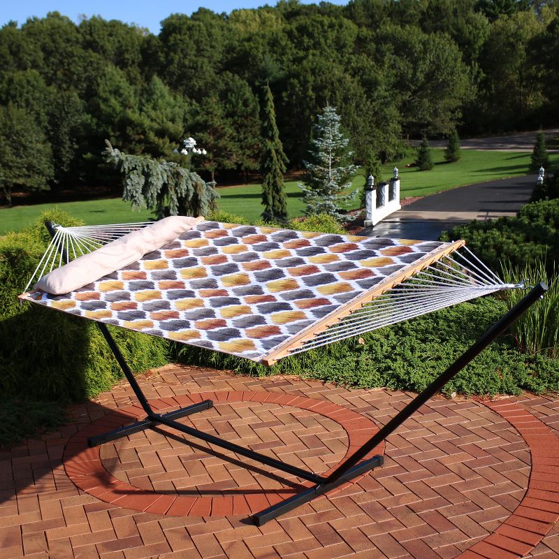 Sunnydaze Outdoor 2-Person Double Polyester Quilted Hammock with Wood Spreader Bar and 12ft Black Steel Stand - Gold and Bronze Quatrefoil