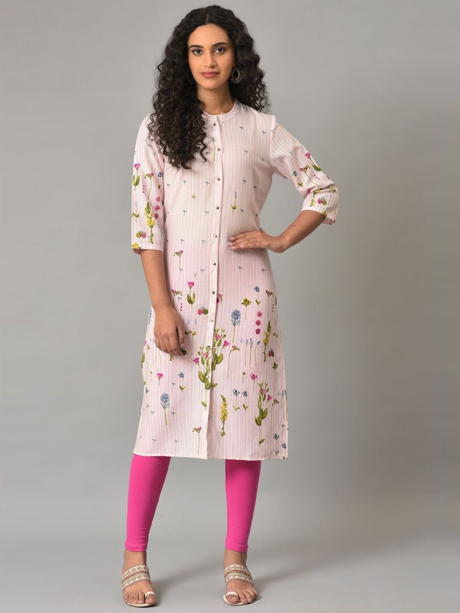 W Pink Floral Print Straight Kurta