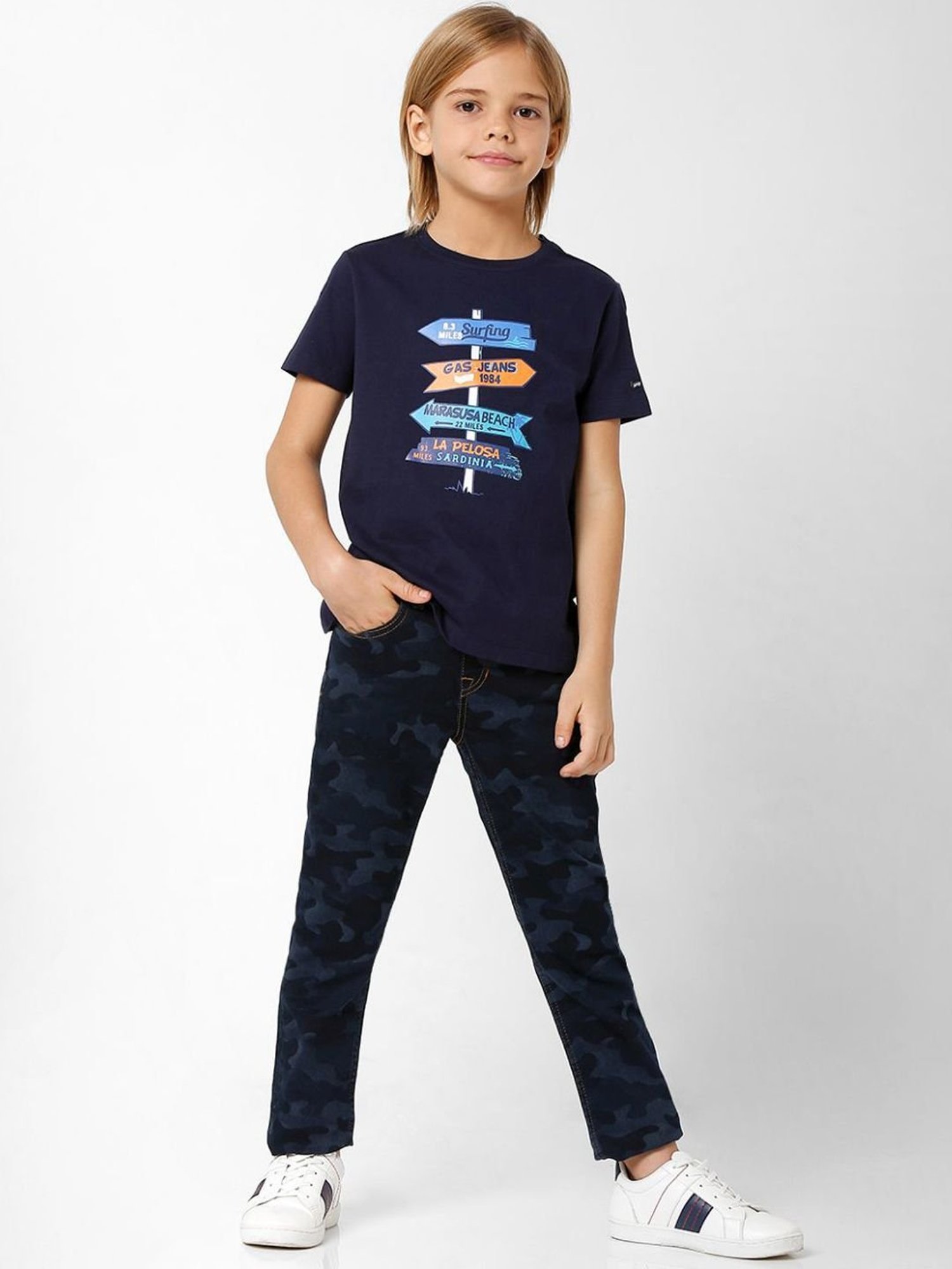 Gas Kids Navy Cotton Printed T-Shirt