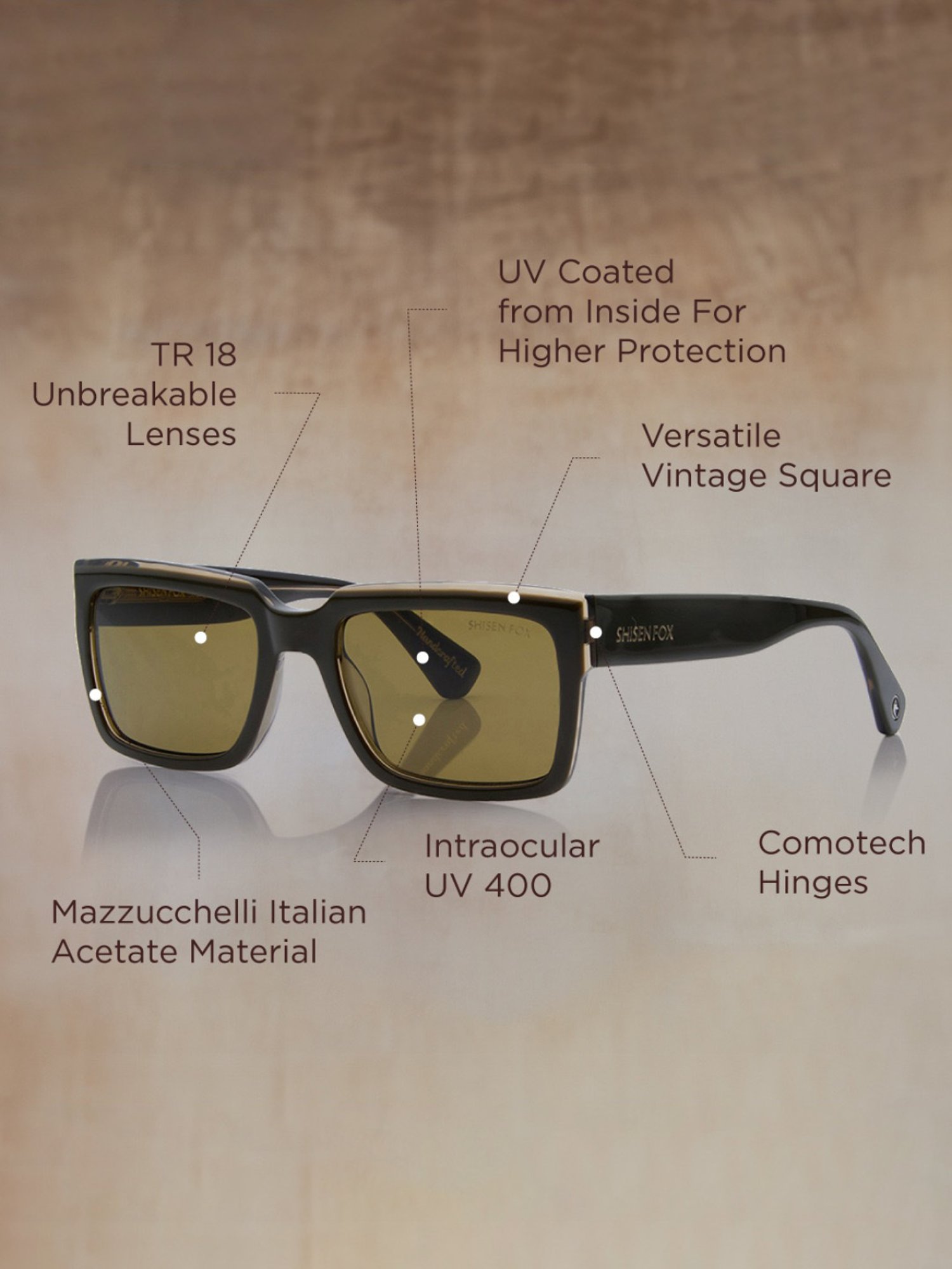 Shisen Fox Kokoro Olive Crystal Rectangular Unisex UV Protection Sunglasses -54 mm