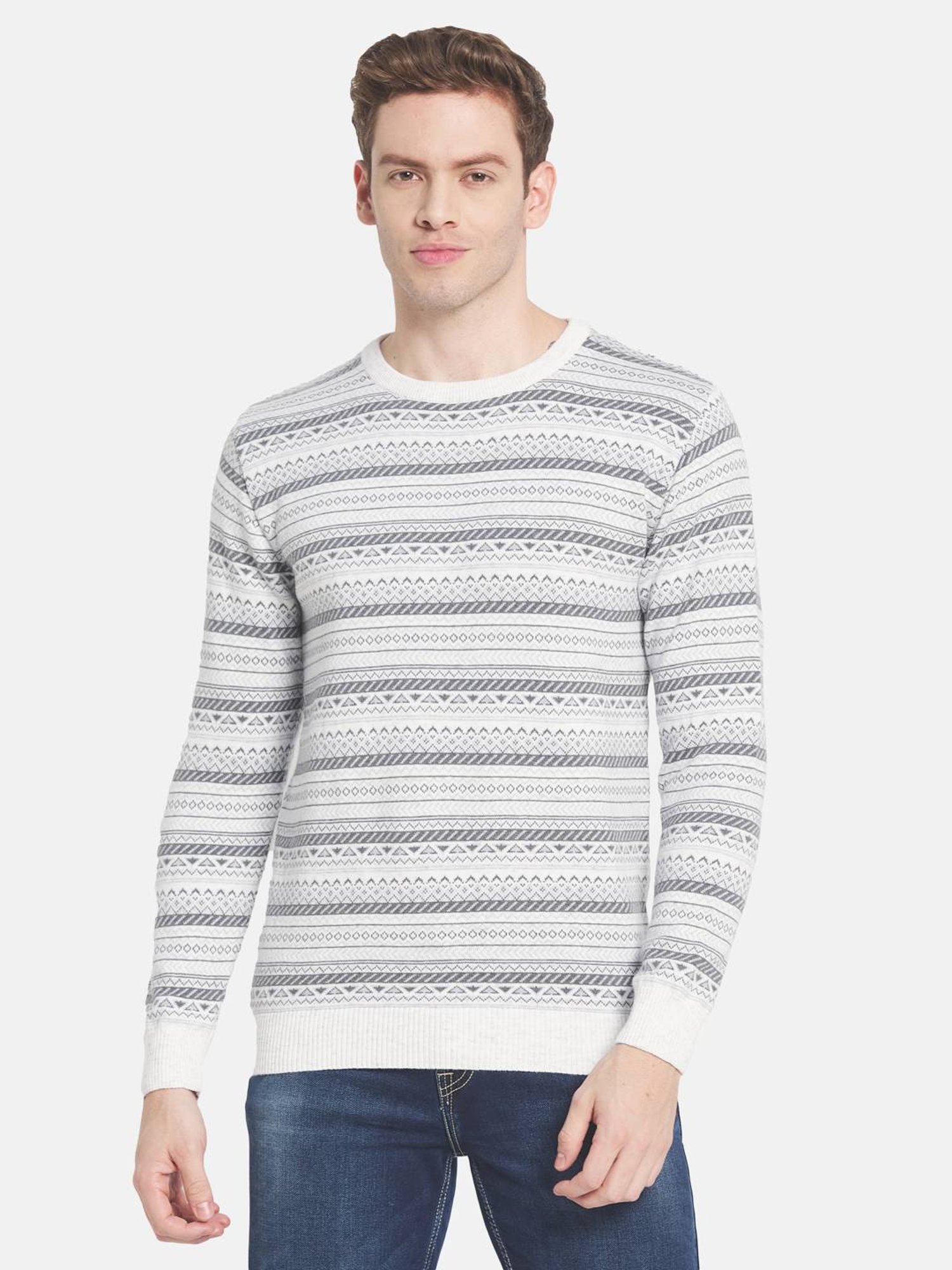 Mettle White Cotton Regular Fit Striped Sweater