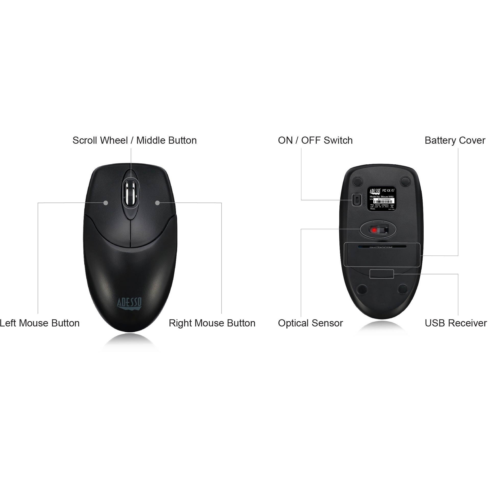 Adesso M60 Antimicrobial 2.4GHz Wireless Optical Mouse With Metal Scroll Wheel