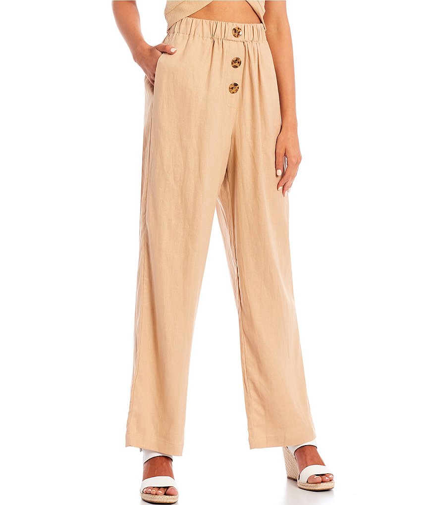 June & Hudson Button Front Wide Leg Linen Pants