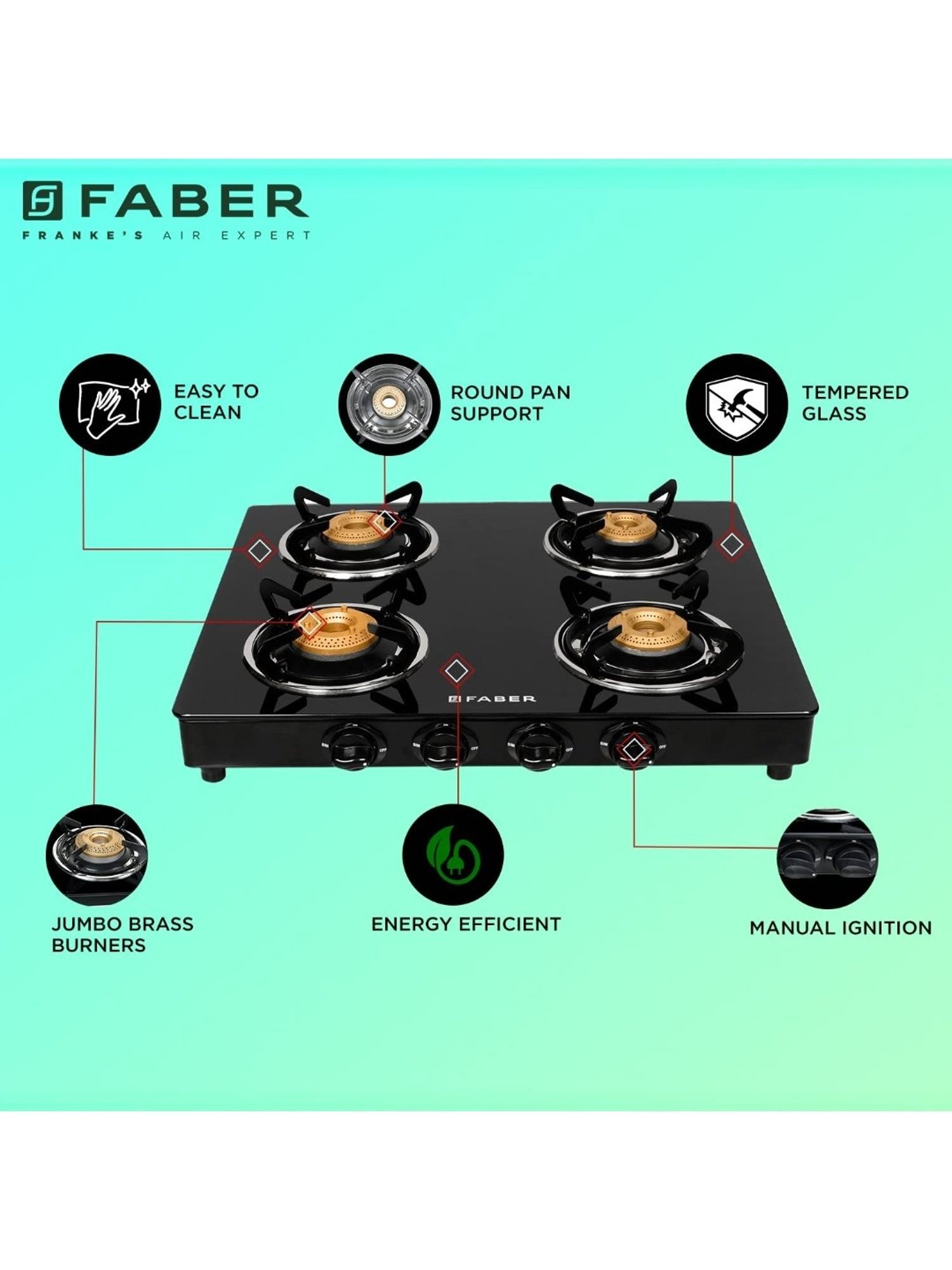 Faber Glass Top 4 Burner Gas Stove with Powder Coated Pan Support & Manual Ignition (Black)