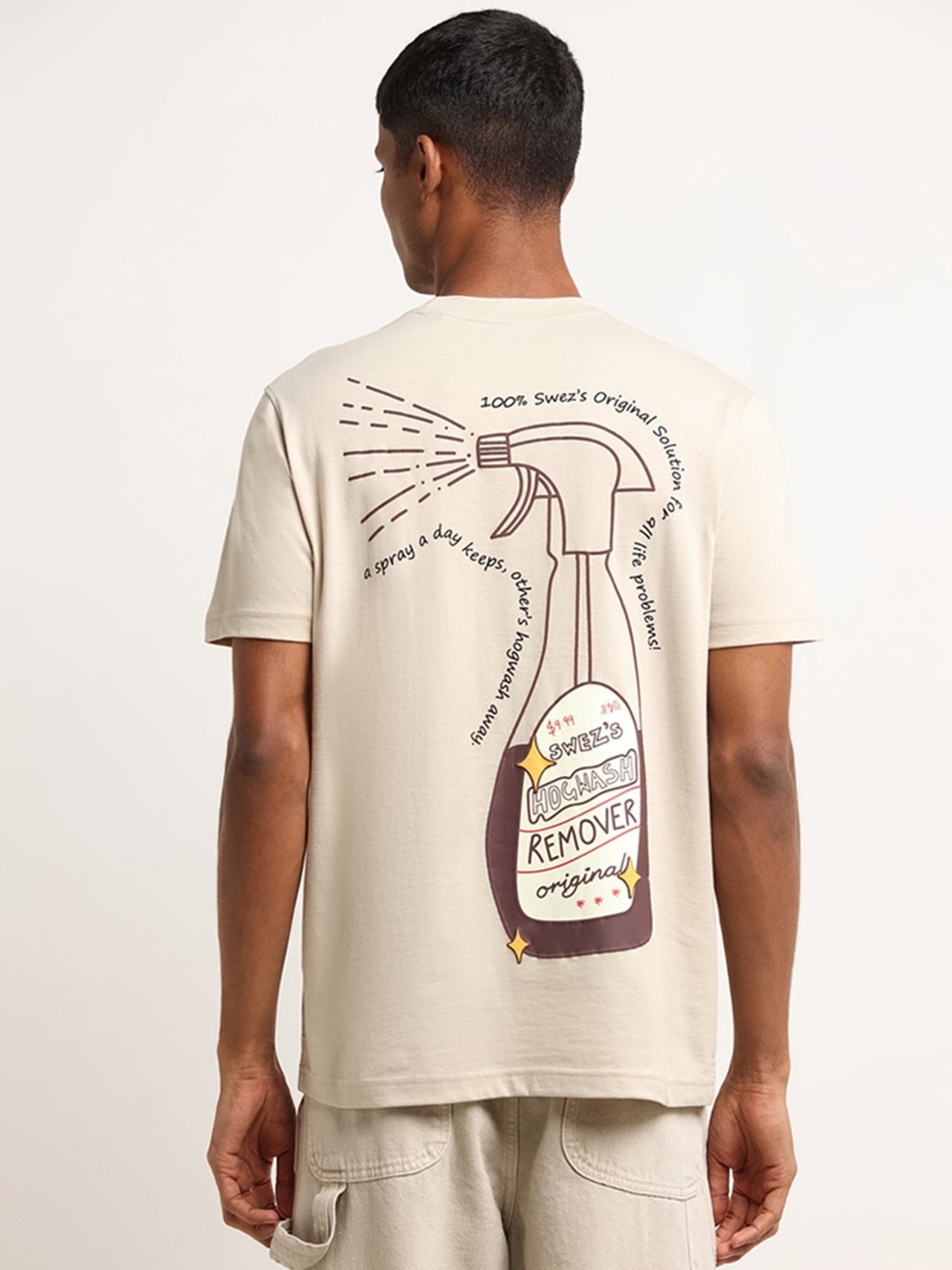 Nuon by Westside Beige Slim-Fit Contrast Print Cotton T-Shirt