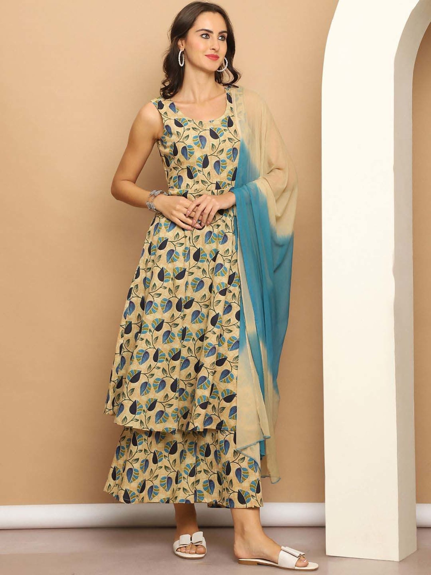 Jompers Beige Cotton Printed Kurta Palazzo Set With Dupatta