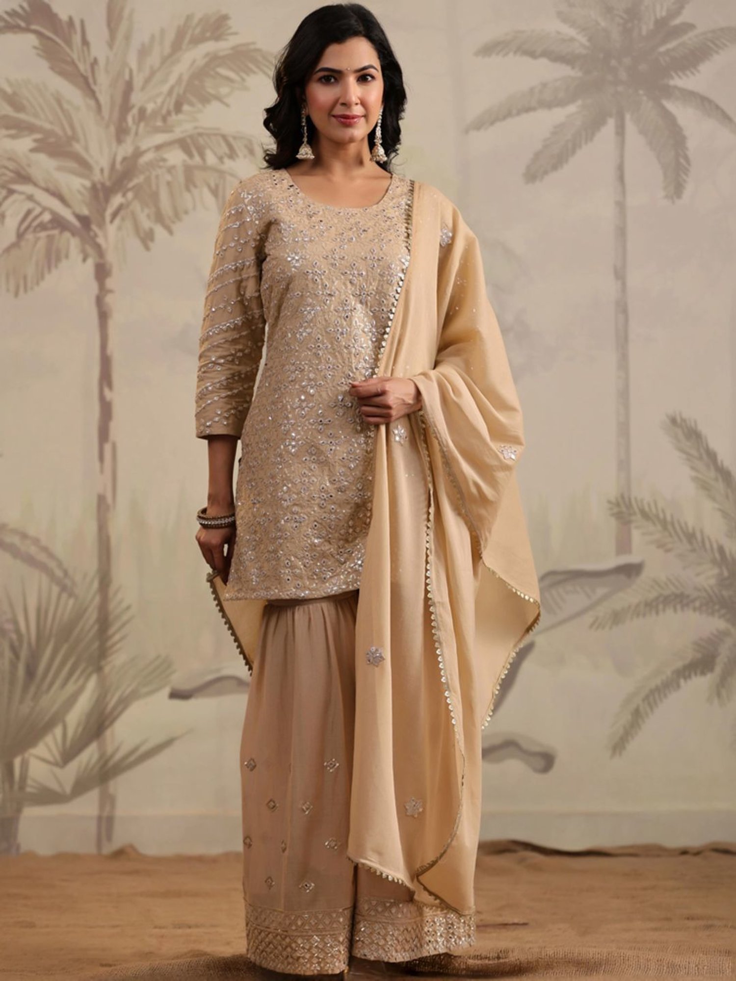 SCAKHI Beige Cotton Embroidered Kurti Sharara Set With Dupatta