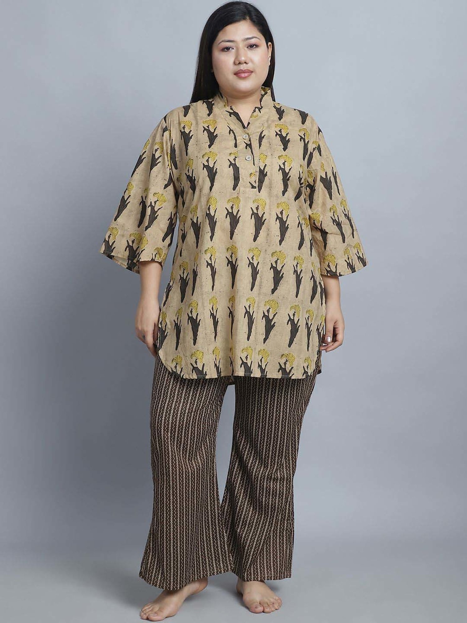 TAG 7 Brown Cotton Printed Top Pyjamas Set