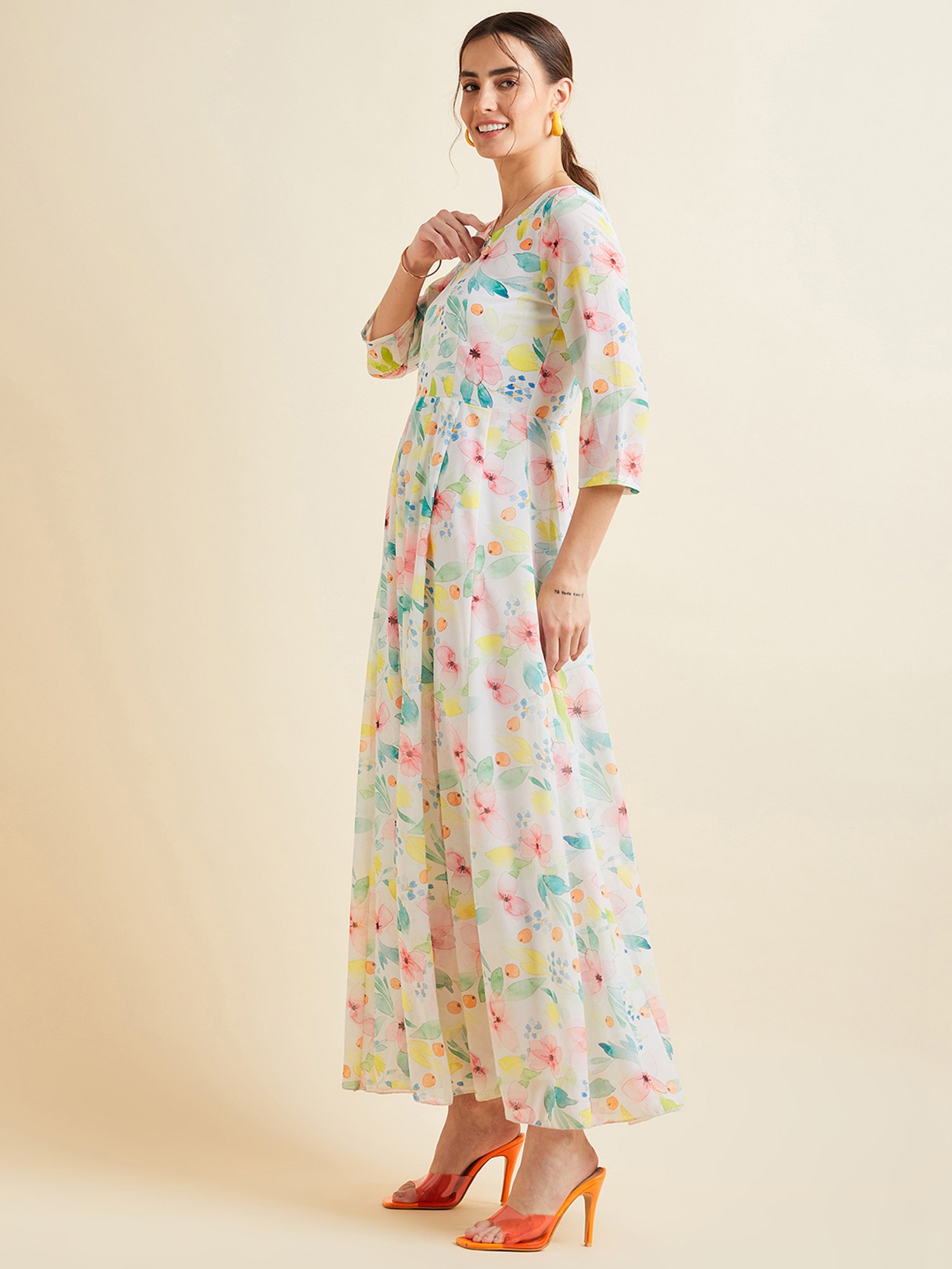PANIT White Floral Print Ethnic Dress
