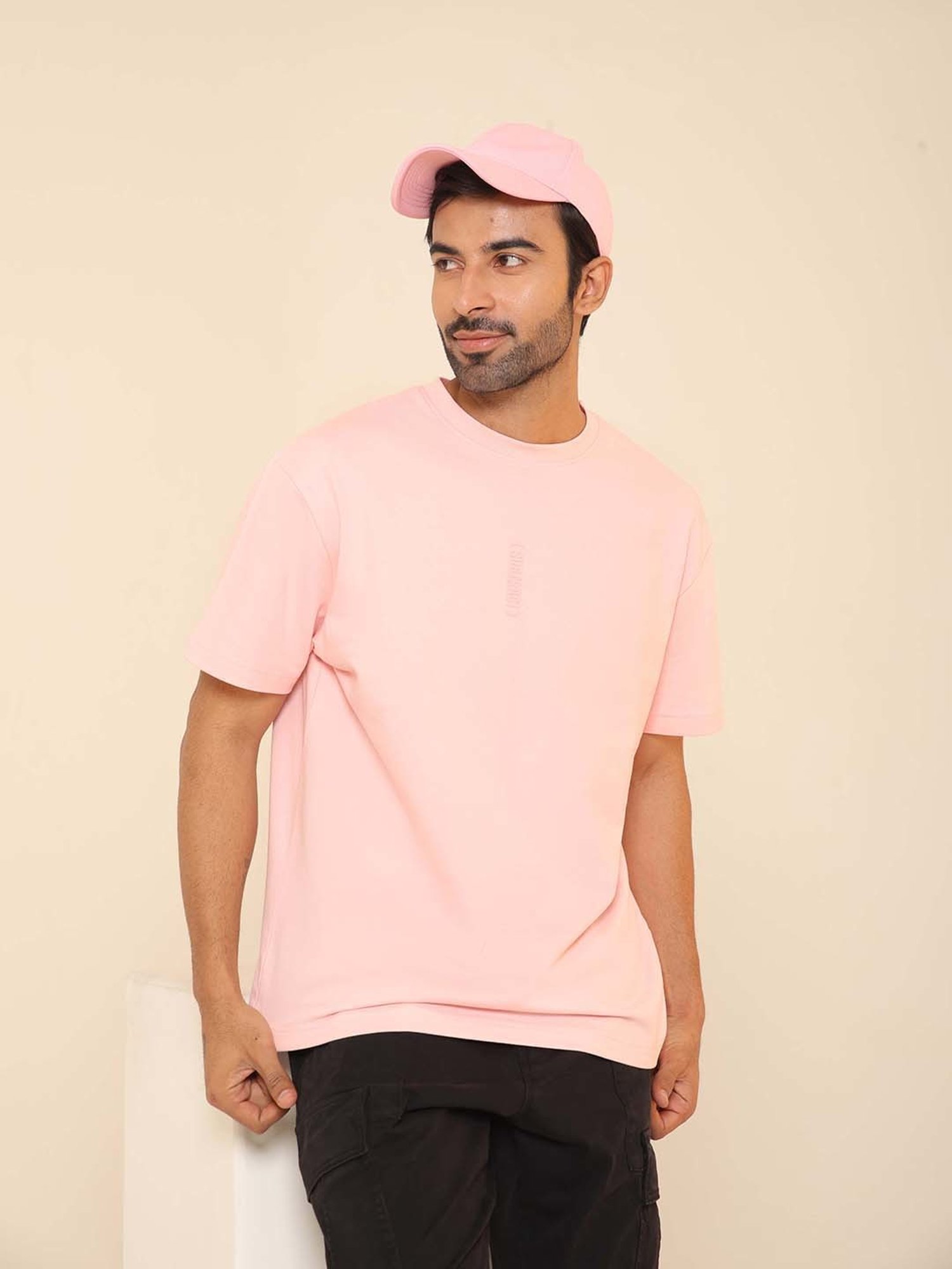 SUBTRACT Salmon Pink Regular Fit Cotton Oversized Crew T-Shirt