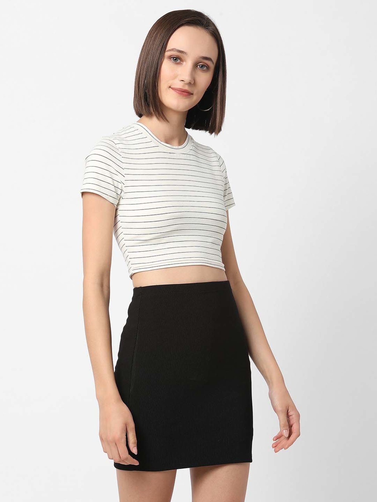 VASTRADO Off-White Cotton Striped Crop Top