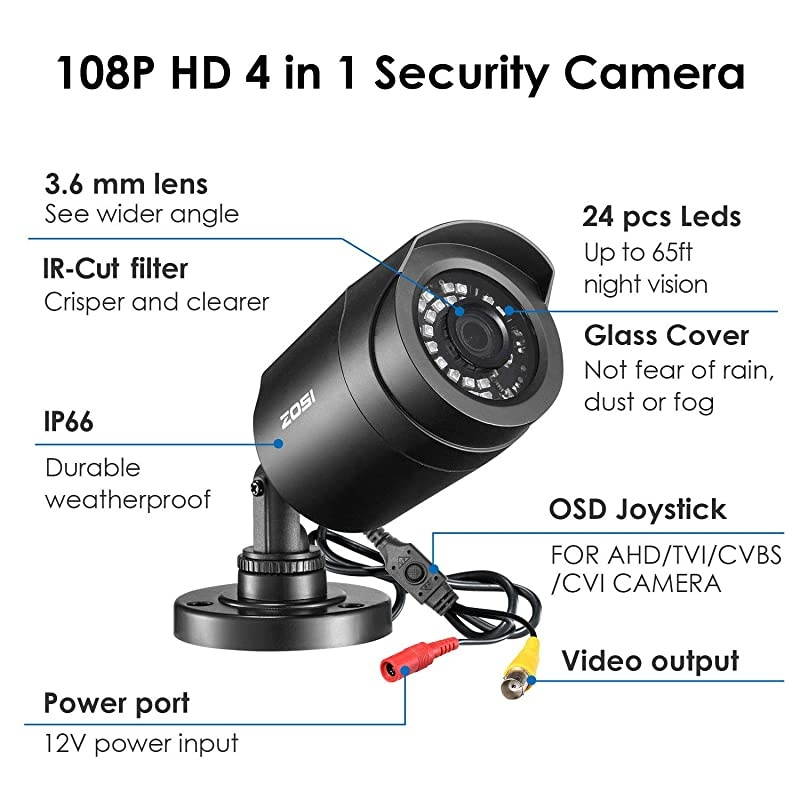 2.0 Megapixel HD 1080P 4 in 1 TVI/CVI/AHD/CVBS Security Cameras Day Night Waterproof Camera 65ft IR Distance,Compatible for HD-TVI, AHD, CVI, and CVBS/960H analog DVR