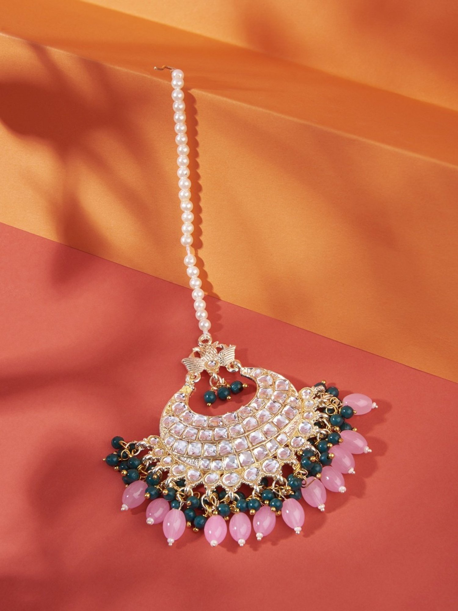 Zaveri Pearls Pink & Green Cluster Beads Drop Bridal Kundan Maangtikka-ZPFK13570