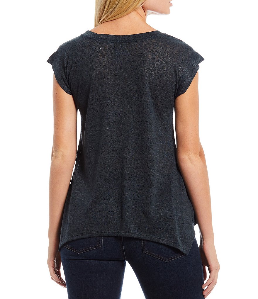 Bobeau Embroidered V-Neck Cap Sleeve Sharkbite Tee