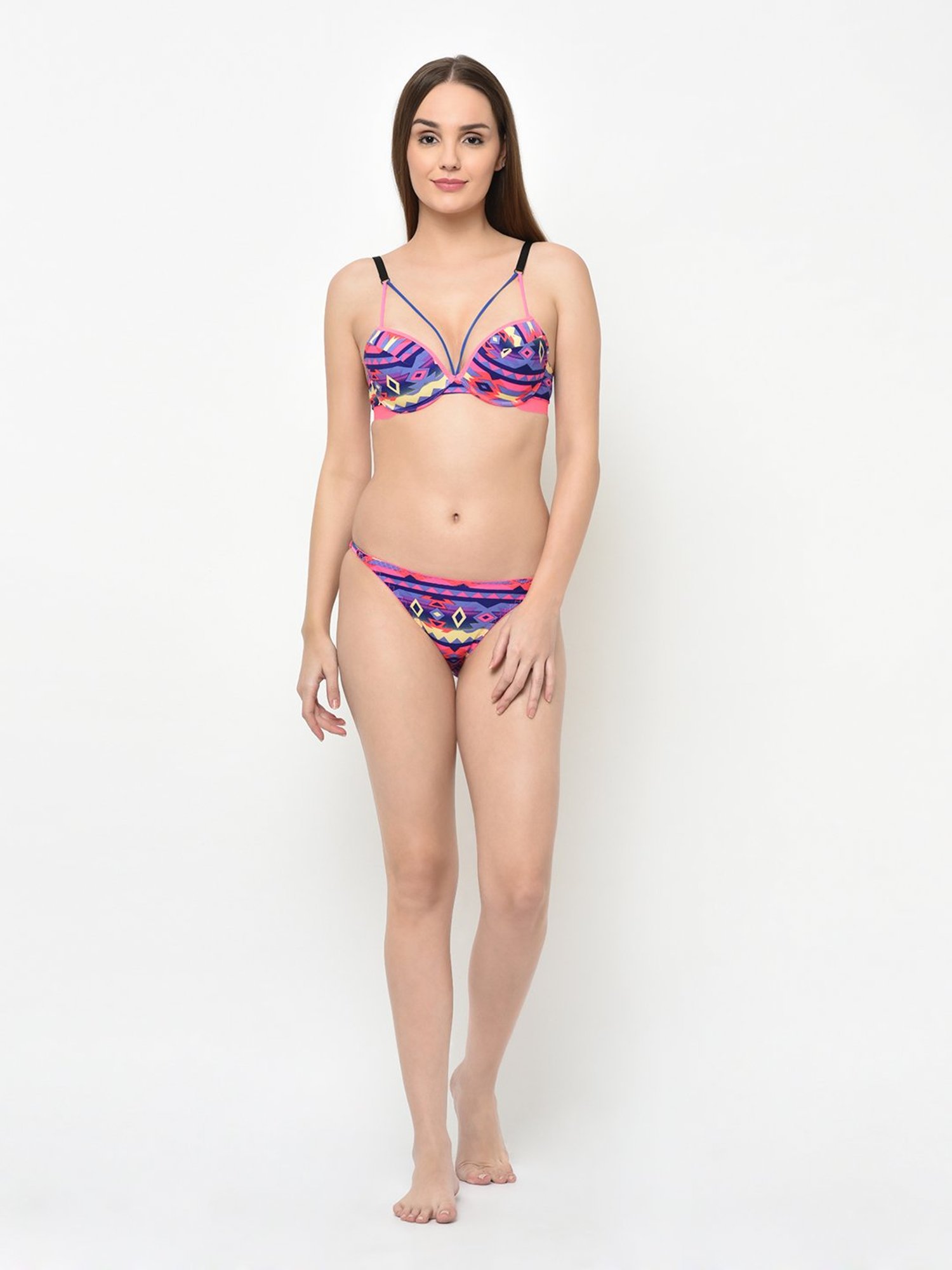 Da Intimo Multicolor Printed Bra With Bikini Panty