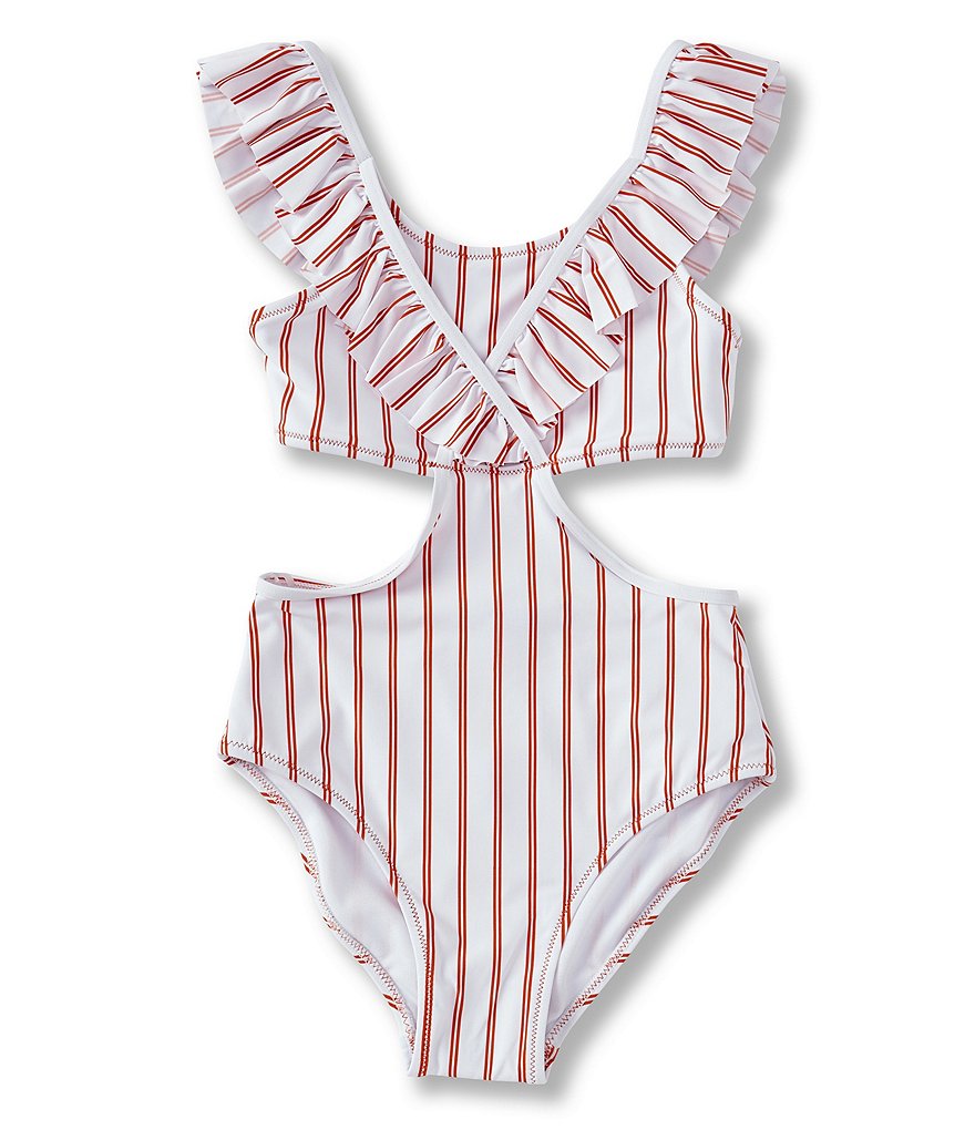 Habitual Big Girls 7-16 Ruffle-Detail Striped Monokini Swimsuit