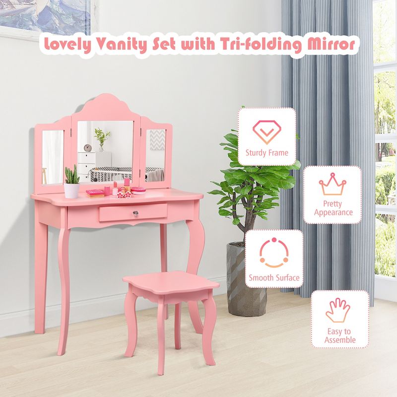Costway Kids Vanity Table & Stool Princess Dressing Make Up Play Set for Girls Pink