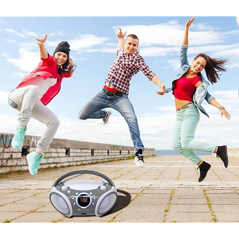 CDCDRCDRW Boombox Portablew Bluetooth USB AMFM Radio AUXInput Headset Jack Foldable Carrying Handle and LED Light Space Grey