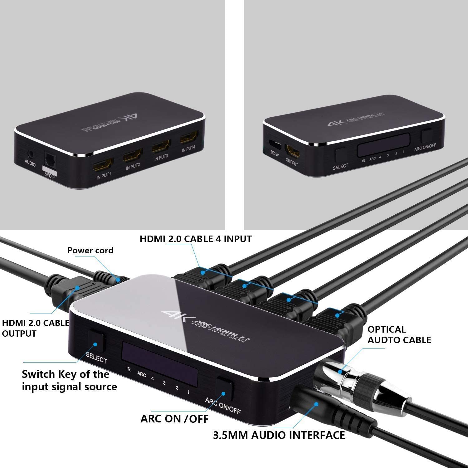 HDMI Switch 4x1 with Audio Extractor, 4K@60Hz Ultra HD HDMI Switcher with Optical TOSLINK SPDIF, 3.5mm Audio Support ARC Function, 3D, 1080P @120Hz, 4Kx2k @60Hz HDTV (IR Wireless Remote Control)