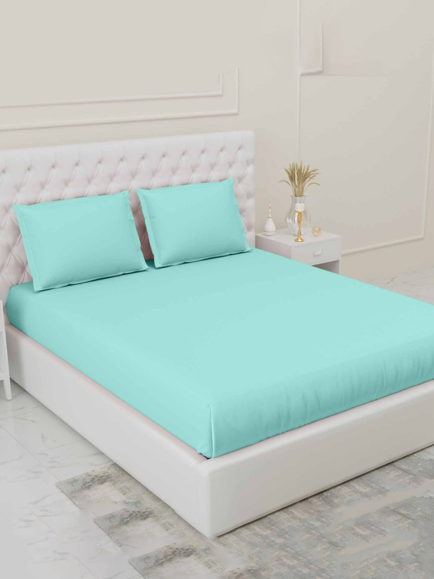 Haus & Kinder Solid Green 300 TC Cotton Bed Sheet with 1 Pillow Cover