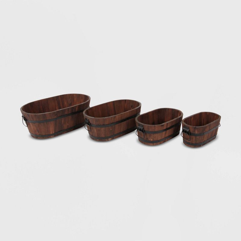 4pc Barrel Style Oval Wooden Planters Brown - Leisure Season