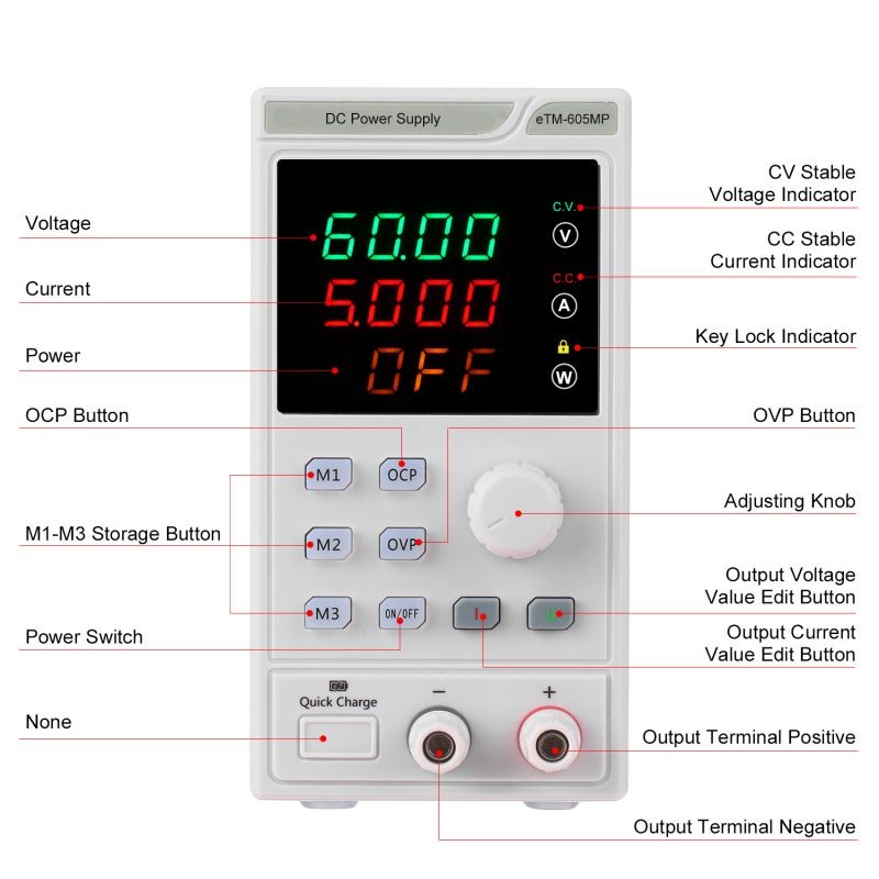 220V 0-60V 0-5A Programmable DC Power Supply Power Regulator 4-digit LED Display Voltage and Current Mini Regulated Power Supply with Alligator Leads