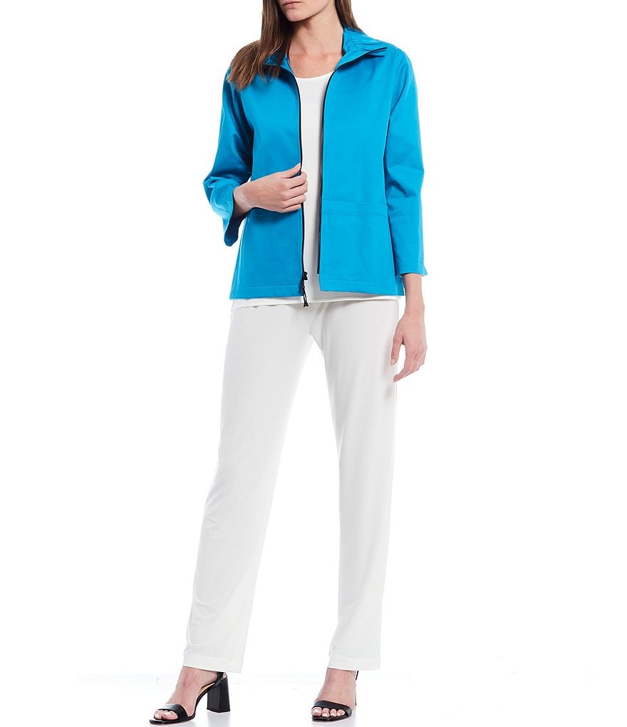 Caroline Rose Stretch Cotton Blend Ruched Collar Zip Front Jacket