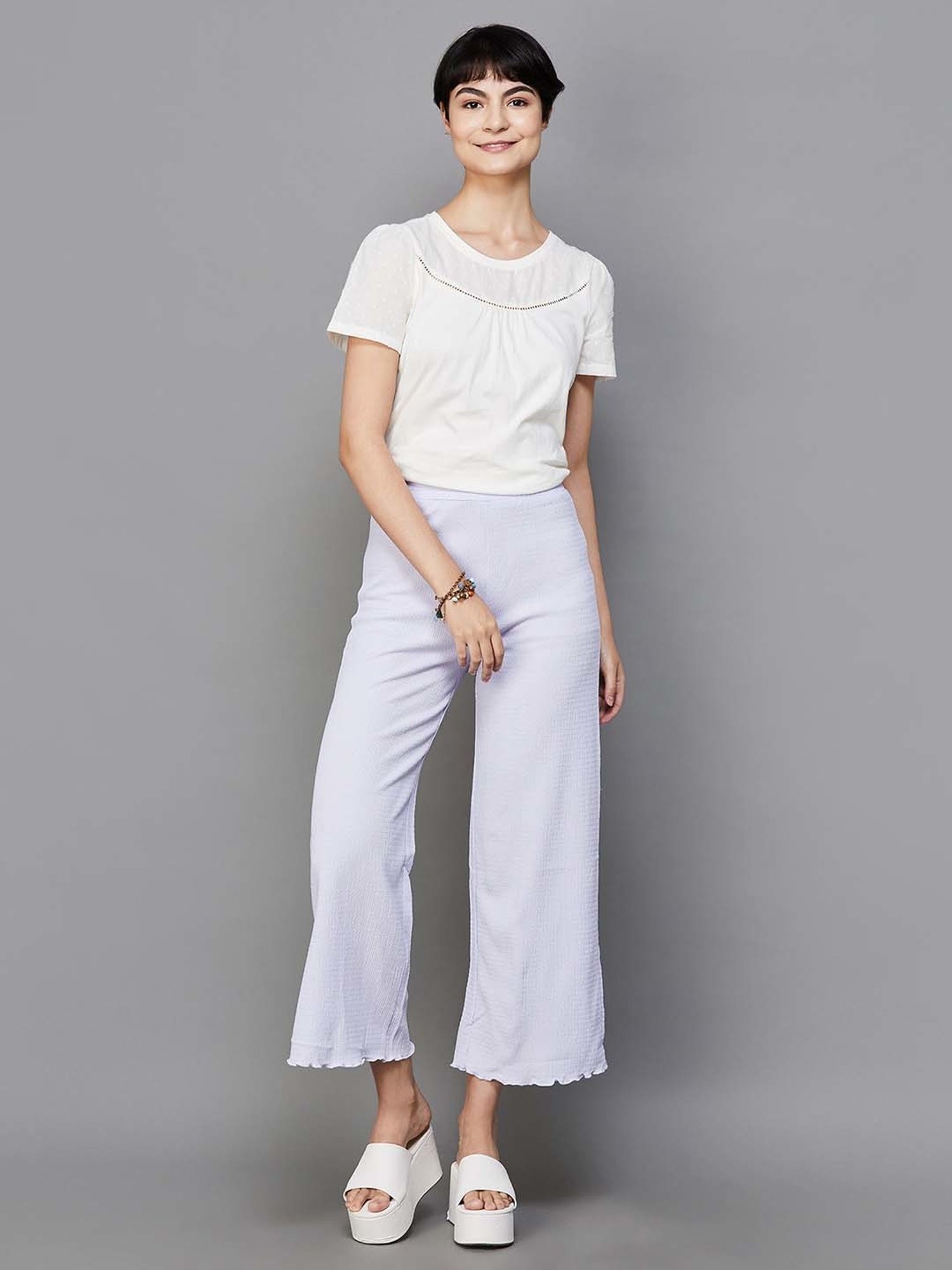 Fame Forever by Lifestyle White Cotton Self Pattern Top