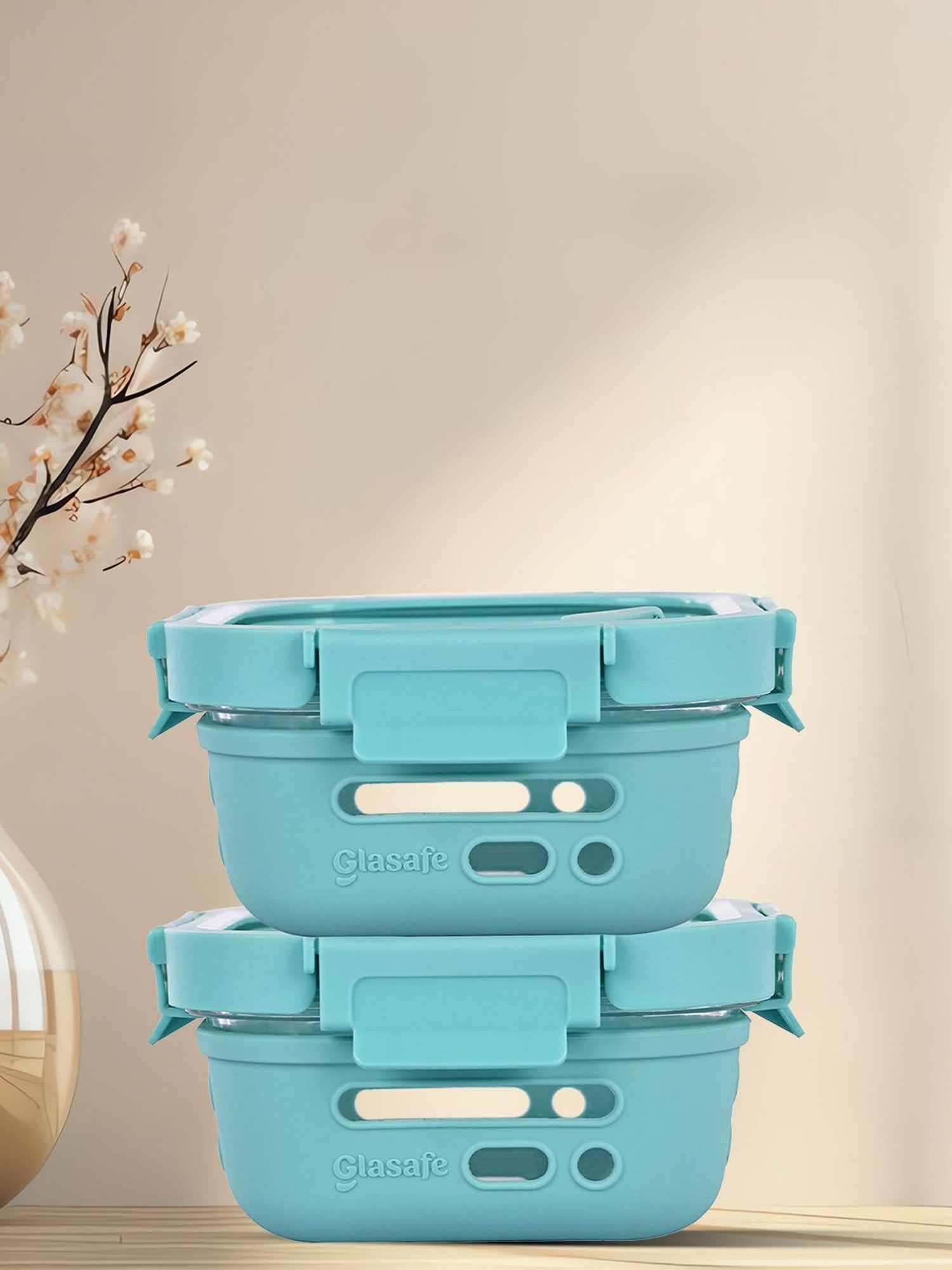 Glasafe Fresh Grip Green Borosilicate Tiffin with Protective Silicone Sleeve - Set of 2 (320ml)