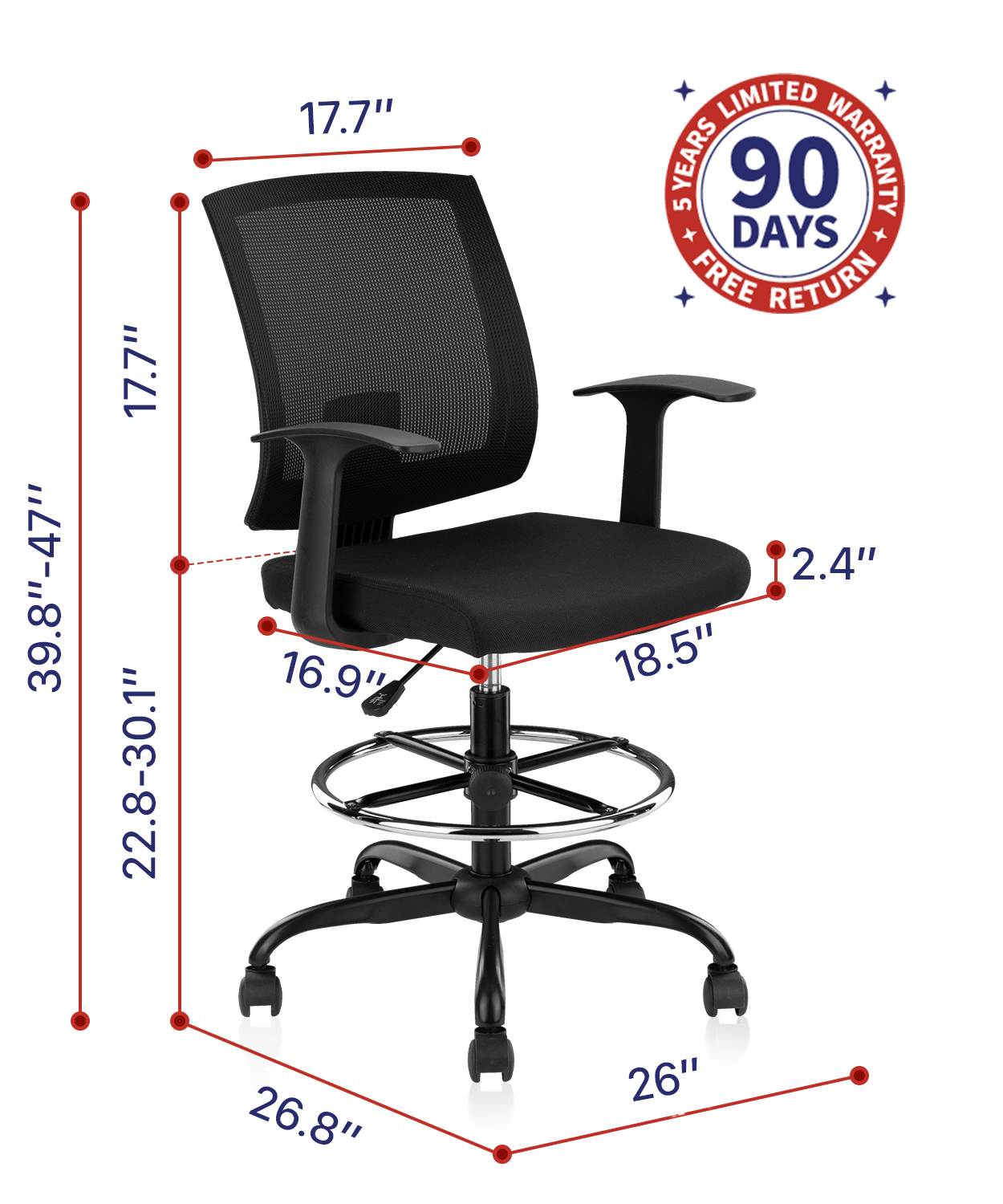 CLATINA Adjustable Drafting Chair with Breathable Mesh Backrest and Foot Ring for Home Office Black 1 Pack